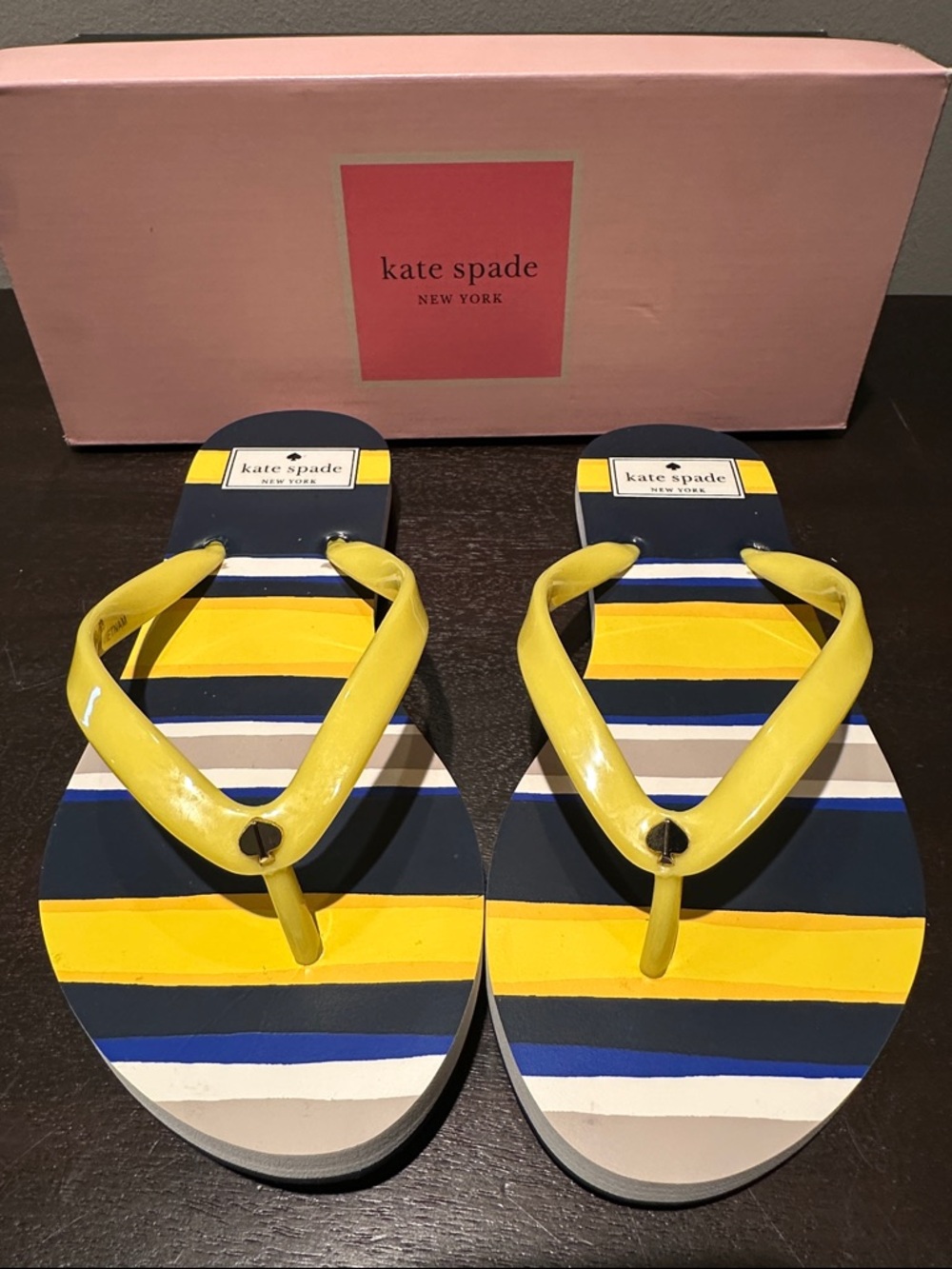 NWT and box Kate Spade Yellow and Navy Striped Women's Flip Flops